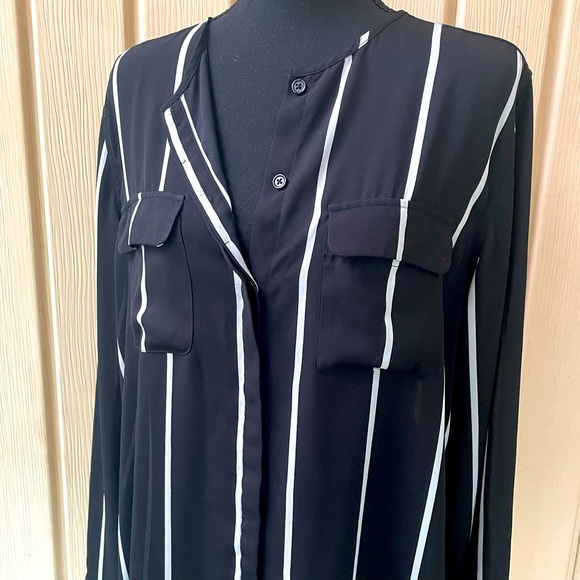 Black & White Stripe Button Down Long Sleeve Shirt Blouse - Picture 5 of 11